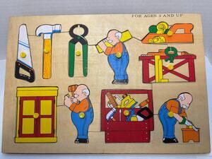 Vintage Wood Peg Tray Puzzle - Grandpa Tools Theme